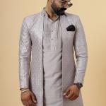 Handmade Lilac Geometrical Sequin Embroidered Open Sherwani with Kurta-Pajama Set | Father Son Combo | Jaipurio Collection